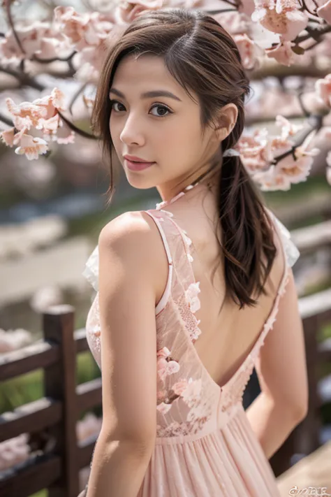 (8k, RAW photo, photorealistic, HQ, masterpiece), (Brightly exposed photo:1.4), (Very elegant and beautiful, Perfect detail, Super detailed), a cute Japanese woman, (glowing eyes), (from back:1.4), 
(Singing happily:1.2), brown hair, (low tied ponytail:1.2...