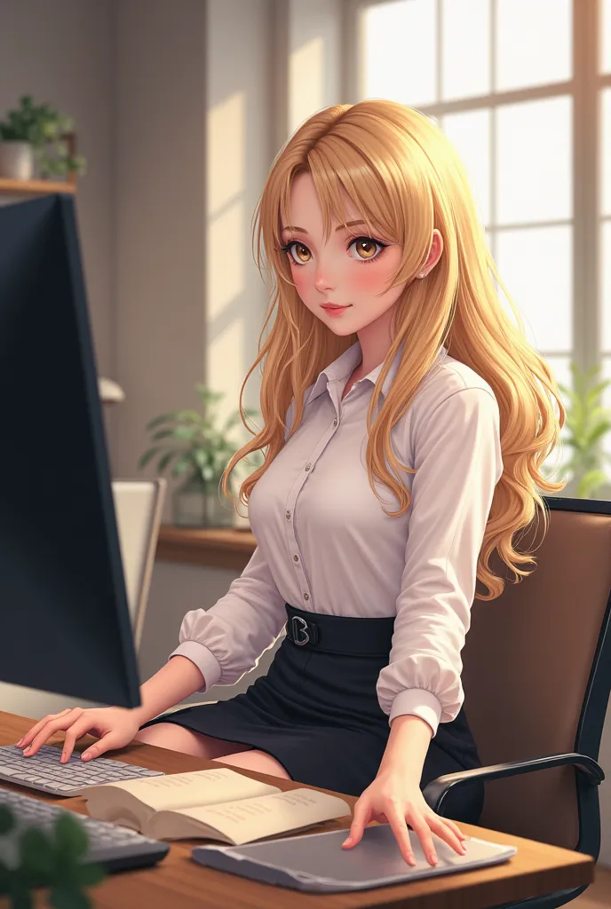 girl, blonde, , is sitting,on the computer,in a skirt,and white,Topike 