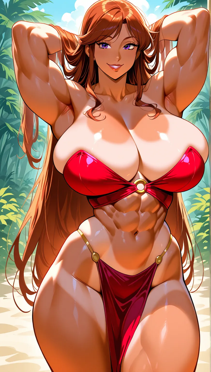 Sexy skimpy Smiling cheerful suntanned Princess Megara from Disney's Hercules with very long down loose  Auburn hair down to her hips and purple eyes wearing strapless purple on a hot sunny summer day large breasts huge muscles huge breasts 