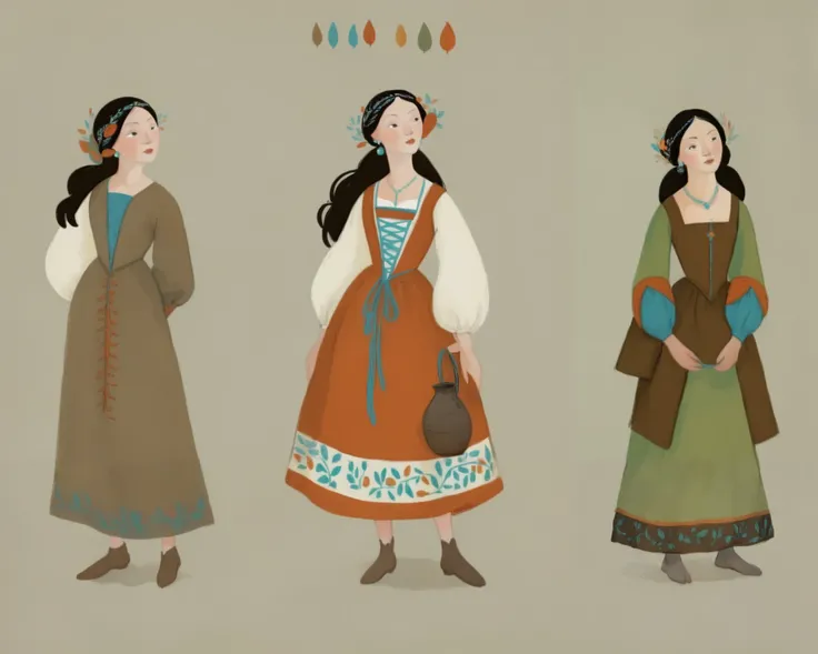 score_9, score_8_up, score_7_up, score_6_up, score_5_up, score_4_up, 1_woman, brow hair, long_hair, wearing a vibrant long peasant medieval dress, detailed clothing, sketches, detailed thick gouache painting, illustration, in gougoupaintleaves style:1.5,