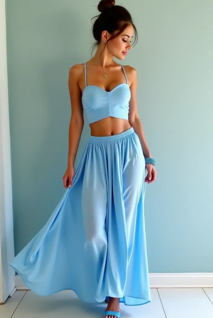 (I go upstairs and change into a baby blue  loose  ankle length skirt that shows off my hourglass small waist flat stomach and Tanned lightly tanned skin due to my saudi Arabian heritage and icy blue eyes lips soft full medium pink and glossy my skin clear...