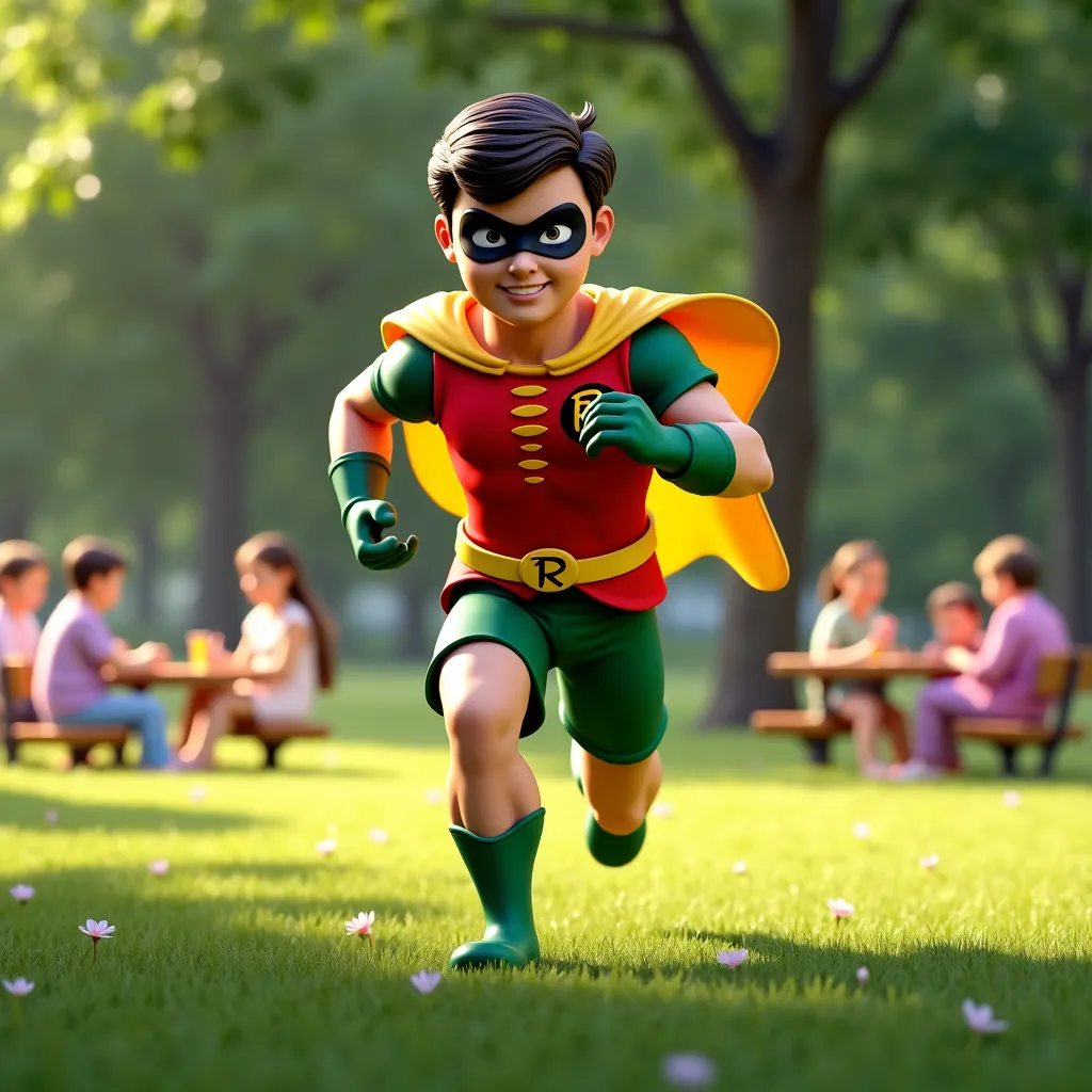 Prompt:
"A highly detailed 3D-rendered scene of Robin, wearing his classic red, green, and yellow costume with the iconic 'R' emblem, running at incredible speed through a peaceful park. His muscles are visibly more defined, showing off his newfound streng...