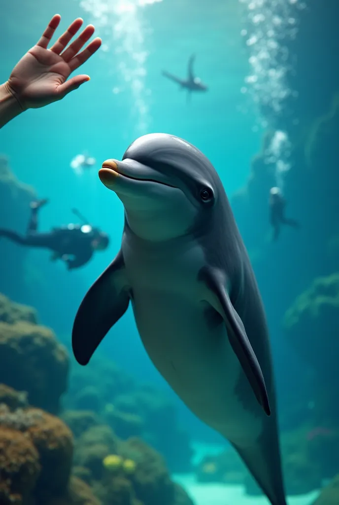 A dolphin mimicking a human waving, with a playful expression on its face, underwater scene with a diver in the background, ultra-realistic, cinematic, vibrant colors, humorous and intelligent vibe, detailed textures