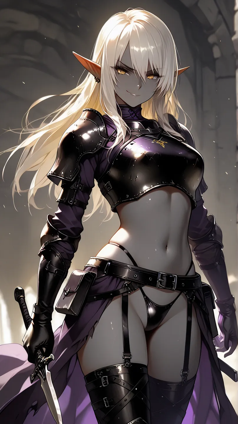 A female dark elf with dark-gray skin, and dark-yellow hair with white tips, wearing black leather bdsm straps and a thong, wearing a ((ragged dark-purple waist armor fauld)), holding a dagger, predatory smirk expression, exuding a dark fantasy aesthetic u...