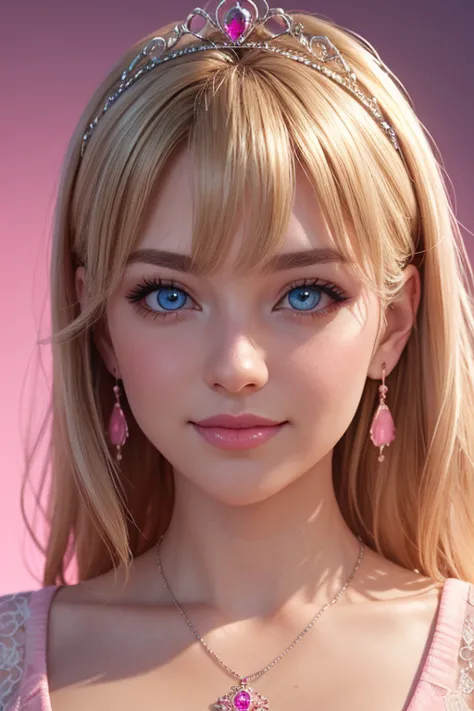 1girl,star blue eye,blush,perfect illumination,upper body,3DMM,blonde hair,long hair,jewelry,gradient pink background,pink dress,earrings,realistic,necklace,looking at viewer,tiara,pink lips,light smile,unreal engine,side lighting,detailed face,bangs,brigh...