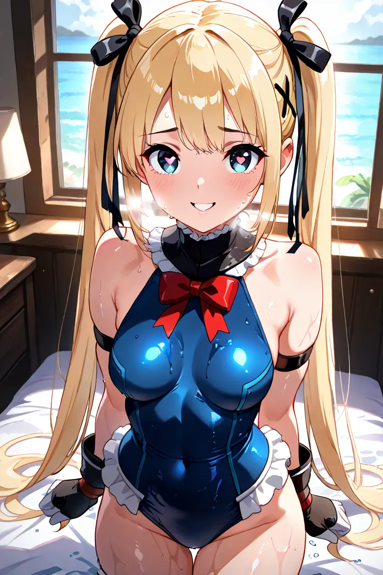  blue eyes, blonde hair, hair ornament, hair ribbons, long hair, Twin Tails, very long hair, x hair ornament, , black ribbons, frilled, ribbons, frills, dead or alive,  bare shoulder upper body, smile, viewers,  Shiny Skin,full body,
 best quality, masterp...