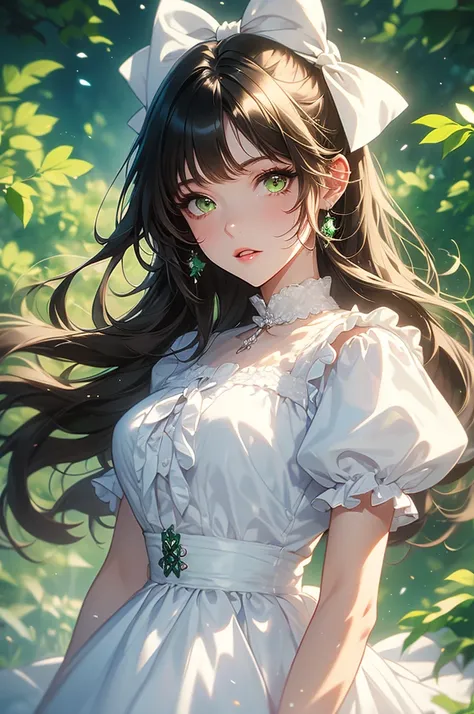 an anime drawing of a woman with black hair and white eyes in a white dress, 1girl, solo, bow, green eyes, brown hair, short sleeves, looking at viewer, hair bow, parted lips, upper body, puffy sleeves, puffy short sleeves