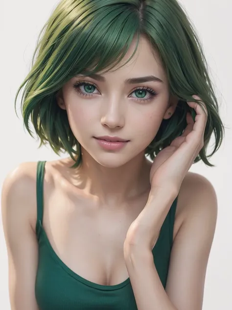 (masterpiece:1.3), (8k, photorealistic, RAW photo, best quality: 1.4), ultra high res, ultra realistic, highly detailed, golden ratio, (one woman:1.5), 20 years old, beautiful face, (realistic face), (very short hair ,green hair:1.5), beautiful hairstyle, ...