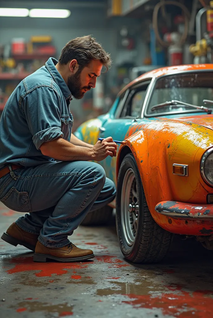 Man painting a car, very vivid colors, with an automotive workshop background, the image must be circular, real image, 8k, super realistic