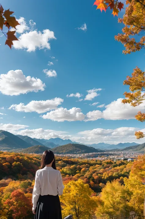 Autumn sky、blue sky、cloud、白いcloud、Mountain、autumn leaves、、(( Limited edition ))、nature、  female 1 person、 in the sun's nature