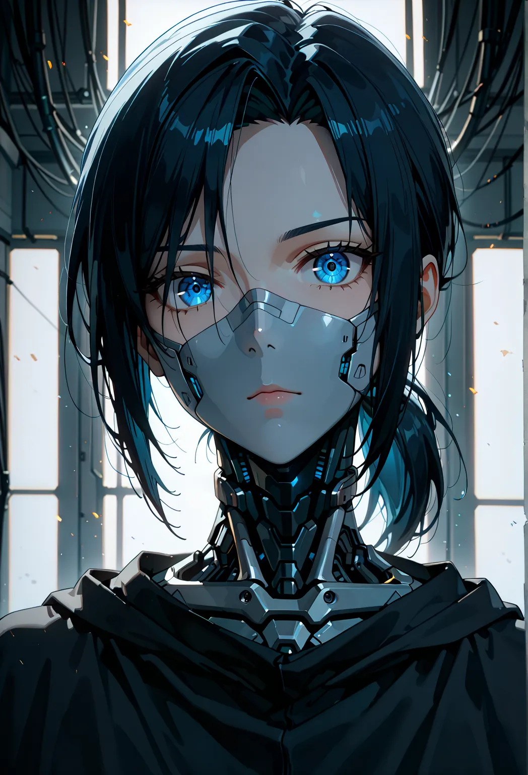 One woman, mature, anime, female anime character, android, Cyb3rWar3, dark blue eyes, sharp face, thin eyes, expressionless, black short hair, black hair, ponytail, sharp face, small chest, black slim mechanical body frame, a black cloak, mechanical neck, ...