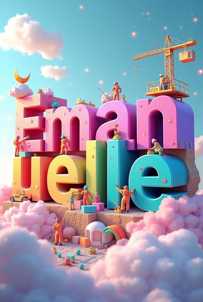 A vibrant and detailed scene showing the name Emanuelle in vibrant and well-colored colors, 3D Styled, similar to a large floating theme park. Each letter has mixed shades of pink, purple,  turquoise blue , yellow,  orange and green ,  creating a dynamic a...