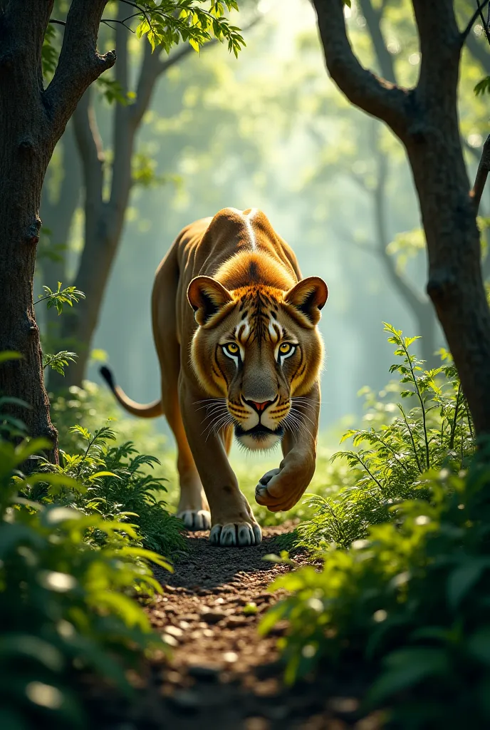 A lion is stealthily watching its prey in the forest