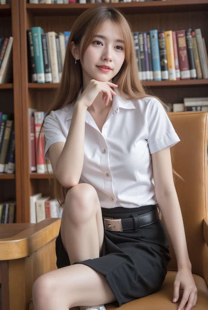  A charming Thai woman sits thoughtfully in a sunlit library, with a C-cup chest, good figure , full legs , full body , beauty legs , smile , white skin and gold long straight hair. she is wearing a white short-sleeve button-up shirt and a black, form-fitt...