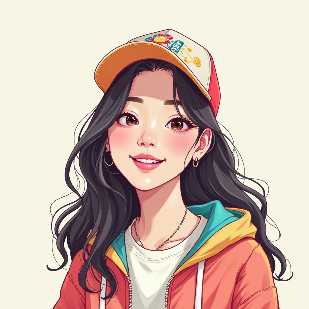 Beautiful woman wearing a baseball cap, Korean cute colorful line art illustration, stylish long hair, smiling