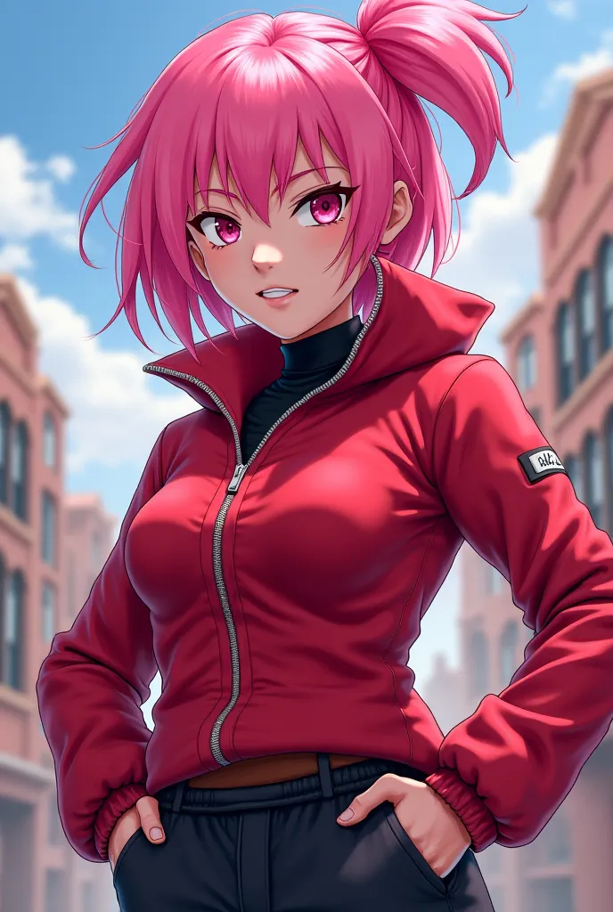 From Naruto In Anime Infinty Style Pink Hair Red Jacket With a Zip Sakura haruno Is Cool & Frech In Anime Style And Is Fighting Im Naruto Style Mit Pink Rock