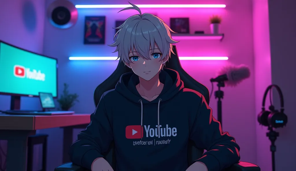 An anime character sitting confidently on a
modern gaming chair in his YouTube studio. He is wearing a black hoodie with "Tube Editor" boldly printed on it. His face is clearly visible and expressive. his hair is like a gentle man's hair. he is looking dir...