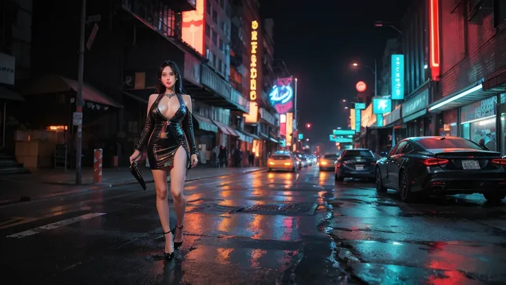 A dangerously seductive Russian woman with large breasts, gigantic breast, wavy jet-black hair, and fiery red lips, dressed in a ripped, deep-cut leather dress that emphasizes her cleavage. She stands in the middle of a desolate highway at night. Neon ligh...