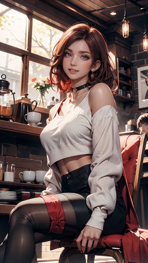 1 girl, red hair,  upstyle, hair on a slightly skin-colored face, Red Eyes, mascara, oversized hoodie, midriff, hot pants, tights, laced tights, black eyeshadow for eyes、long lashes、lip gloss, sitting, coffee shop, Ground-angle shot ,  viewers looking up ,...