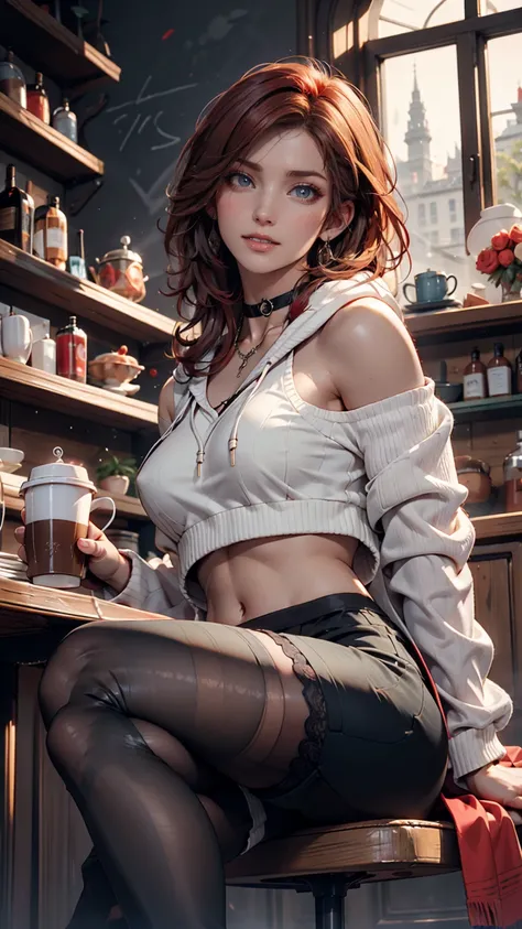 1 girl, red hair,  upstyle, hair on a slightly skin-colored face, Red Eyes, mascara, oversized hoodie, midriff, hot pants, tights, laced tights, black eyeshadow for eyes、long lashes、lip gloss, sitting, coffee shop, Ground-angle shot ,  viewers looking up ,...