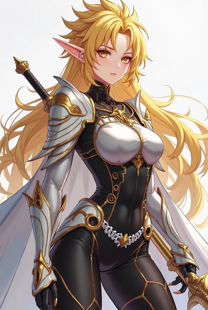 (artwork, maximum quality, thighs,  official art ,  beautiful and aesthetic:1.2)  female, Elfa from anime, long yellow spiked hair, golden eyes,  white and gold armor, wearing white cape, black and gold , black t-shirt and pants ,  wielding a white sword ,...