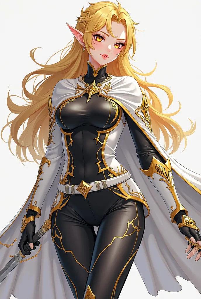 (artwork, maximum quality, thighs,  official art ,  beautiful and aesthetic:1.2)  female, Elfa from anime, long yellow spiked hair, golden eyes,  white and gold armor, wearing white cape, black and gold , black t-shirt and pants ,  wielding a white sword ,...