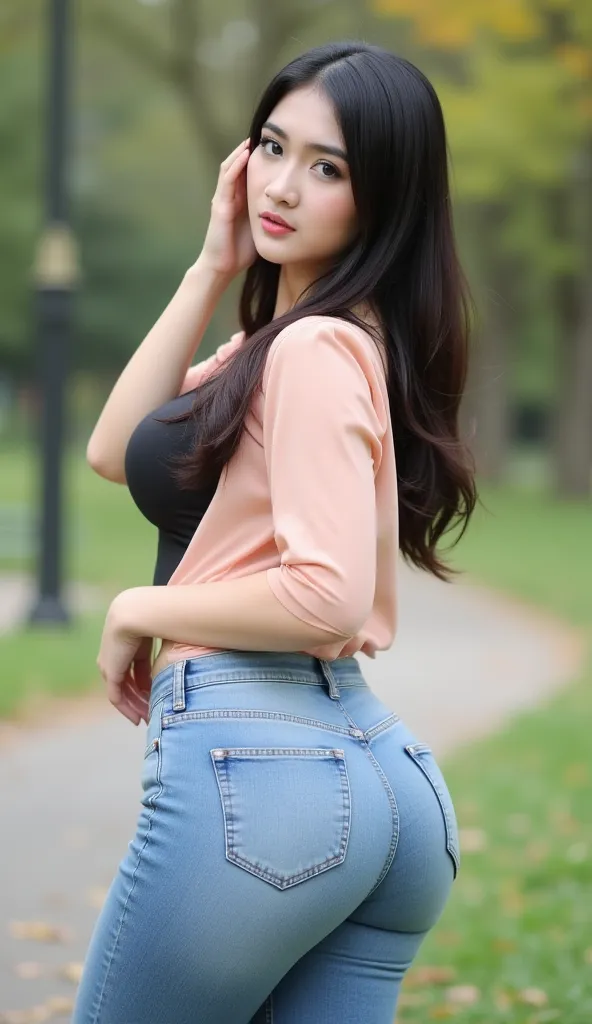 ((Pretty slightly thicc korean girl wear black hijab and wearing light blue jeans in the park)), model bent over eroticly at the chair in park, detailed face, big breast:1.3, peachy shaped buttock, thick thighs,(rear view), view from side rear, buttock fac...