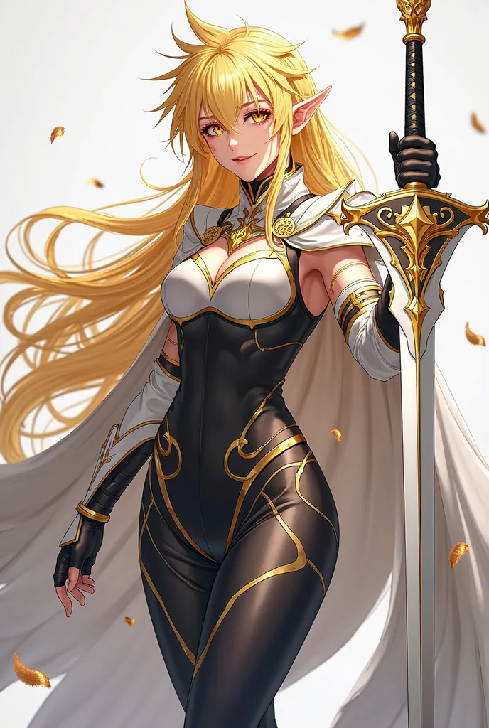 (artwork, maximum quality, thighs,  official art ,  beautiful and aesthetic:1.2)  female, Elfa from anime, long yellow spiked hair, golden eyes,  white and gold armor, wearing white cape, black and gold , black t-shirt and pants ,  wielding a white sword ,...