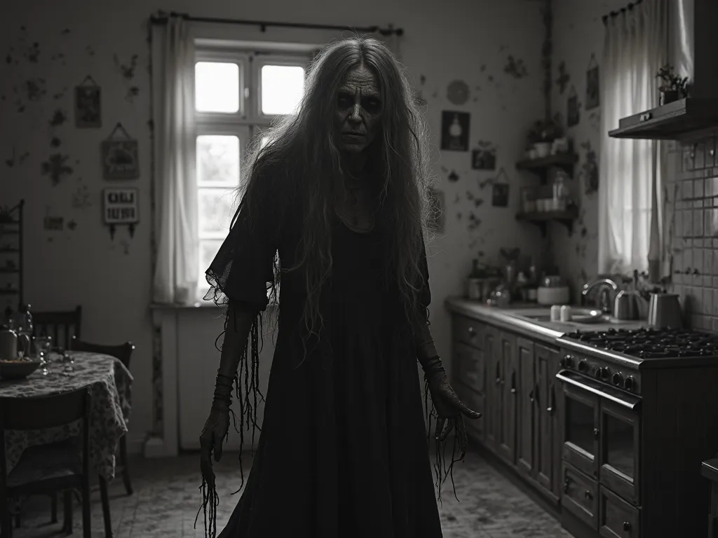 Dark old woman in a long, broken black dress, with very long hair with very long arms floating in the kitchen of a house with empty eye sockets, Without an arm in black and white, scary and dark , wrinkled face, without right arm