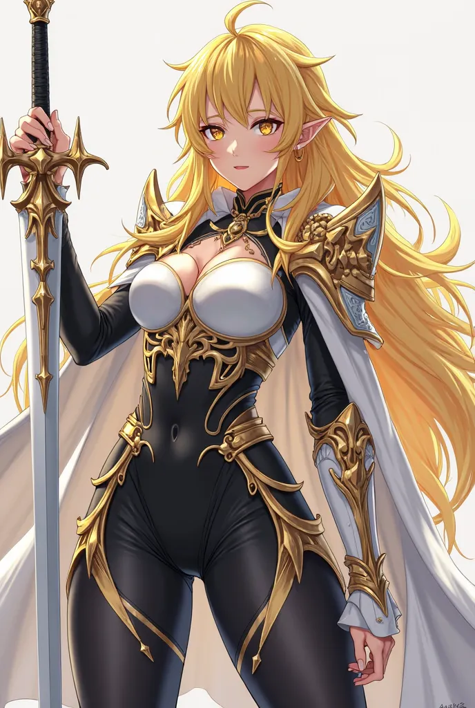 (artwork, maximum quality, thighs,  official art ,  beautiful and aesthetic:1.2)  female, Elfa from anime, long yellow spiked hair, golden eyes,  white and gold armor, wearing white cape, black and gold , black t-shirt and pants ,  wielding a white sword ,...