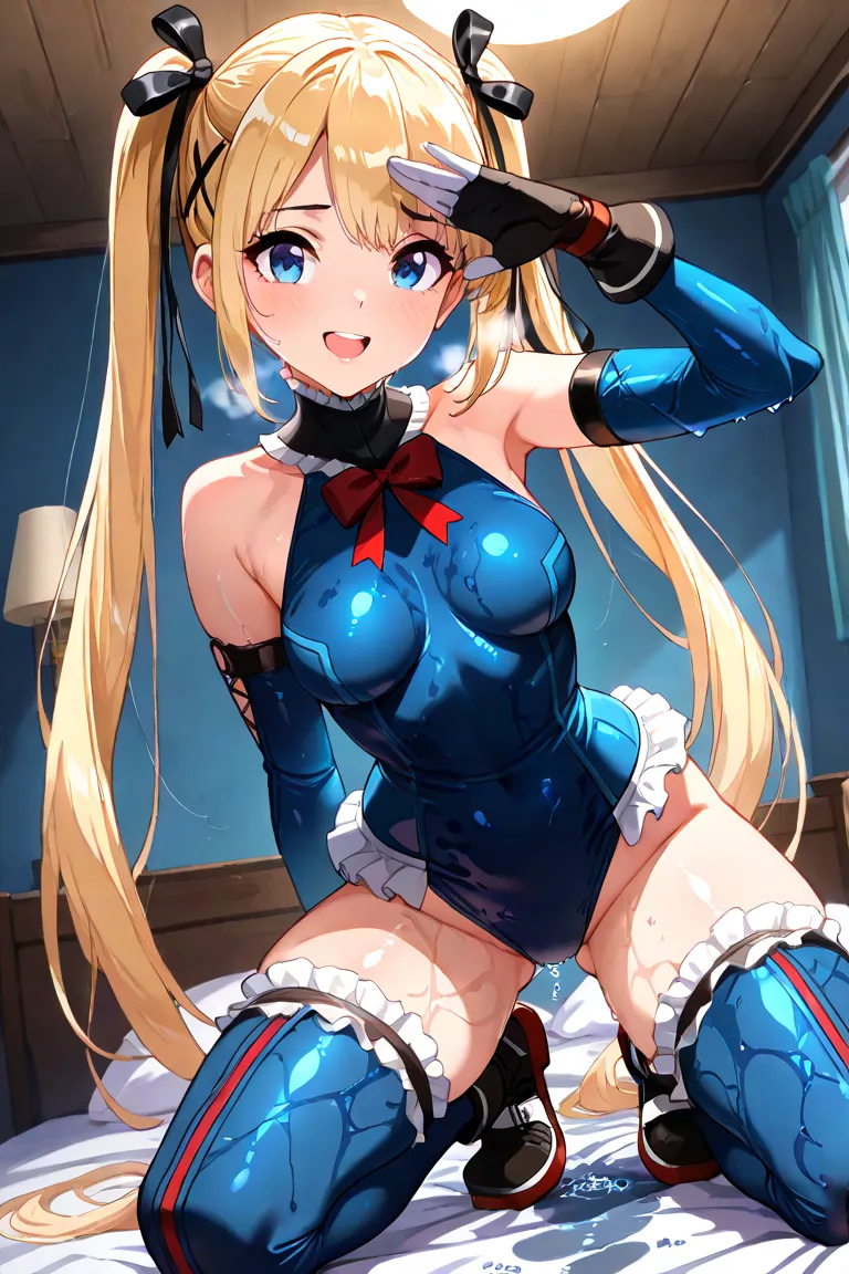  blue eyes, blond hair, hair ornament, hair ribbons, long hair, Twin Tails, very long hair, x hair ornament, , black ribbons, frilled, ribbons, frills, dead or alive,  bare shoulder upper body, smile, viewers,  Shiny Skin,full body,
 best quality, masterpi...