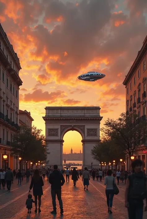 A long-distance photograph of the sky over Commerce Square, in Lisbon, captured at dusk. The square is bustling, with tourists and locals walking along the sidewalks and watching the Tagus River. The Rua Augusta Arch stands out in the composition, with its...