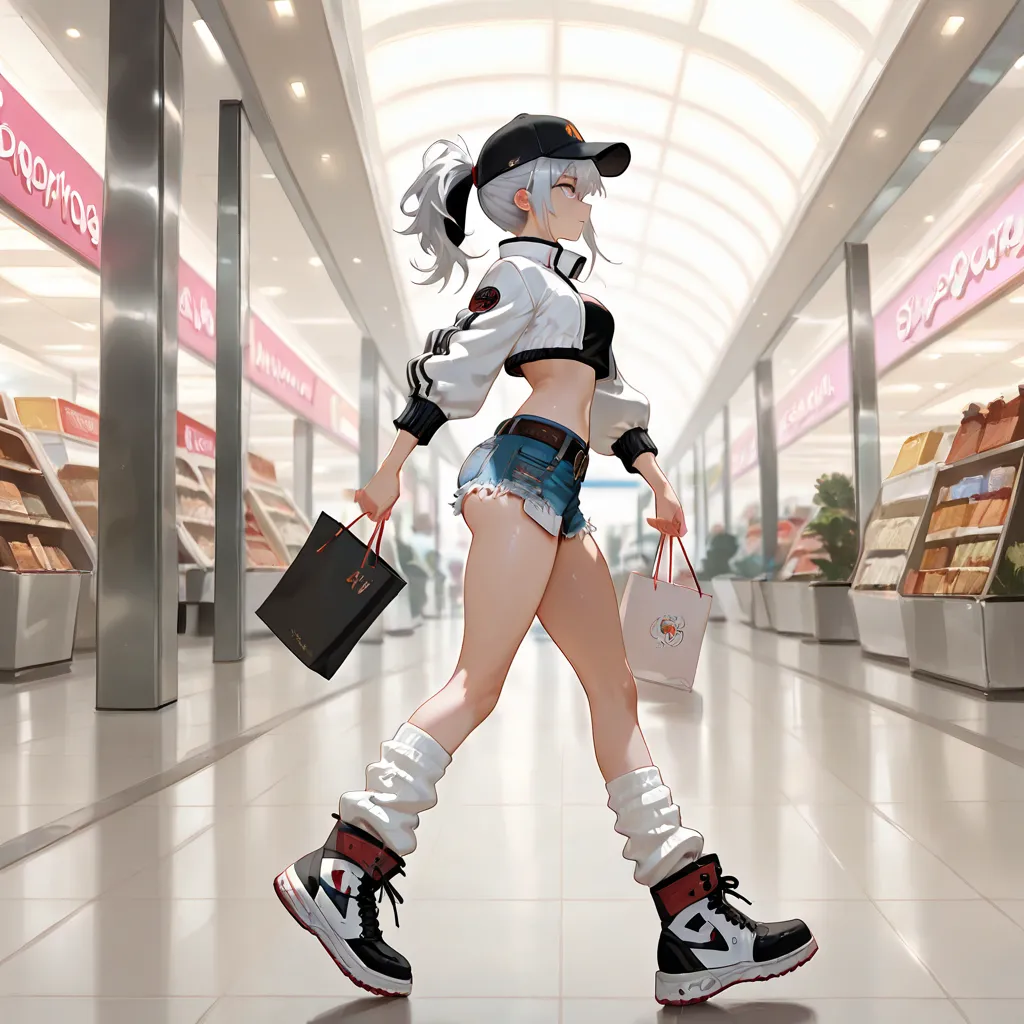 masterpiece, best quality, high resolution, anime, 1girl, silver hair, high tops, loose socks, cutoffs, cropped jacket, walking, cap, ponytail, shopping mall