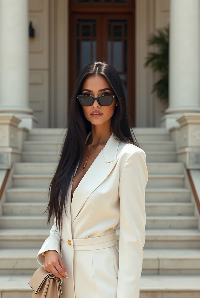 A imagem mostra  Mexican with shiny skin texture, perfect black eyes, eyeliner, long straight black hair. standing in front of a building with a light-colored door and steps. The person is wearing white clothing and holding a beige bag with a strap on the ...