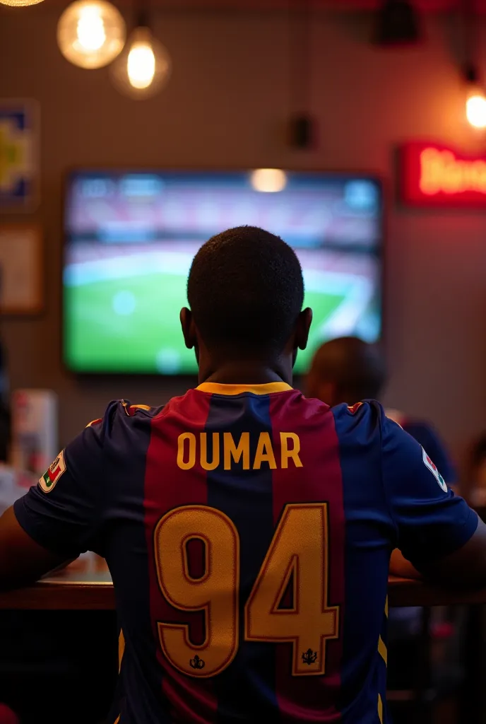 Un homme  africain avec un bonnet de supporter pure barcelonais,et à coté assis un supporter de l’équipe du Fc Benfica , assis devant son écran de télé dans une restaurant entrain de regarder le match en direct de ligue des champions entre fc Barcelona vs ...