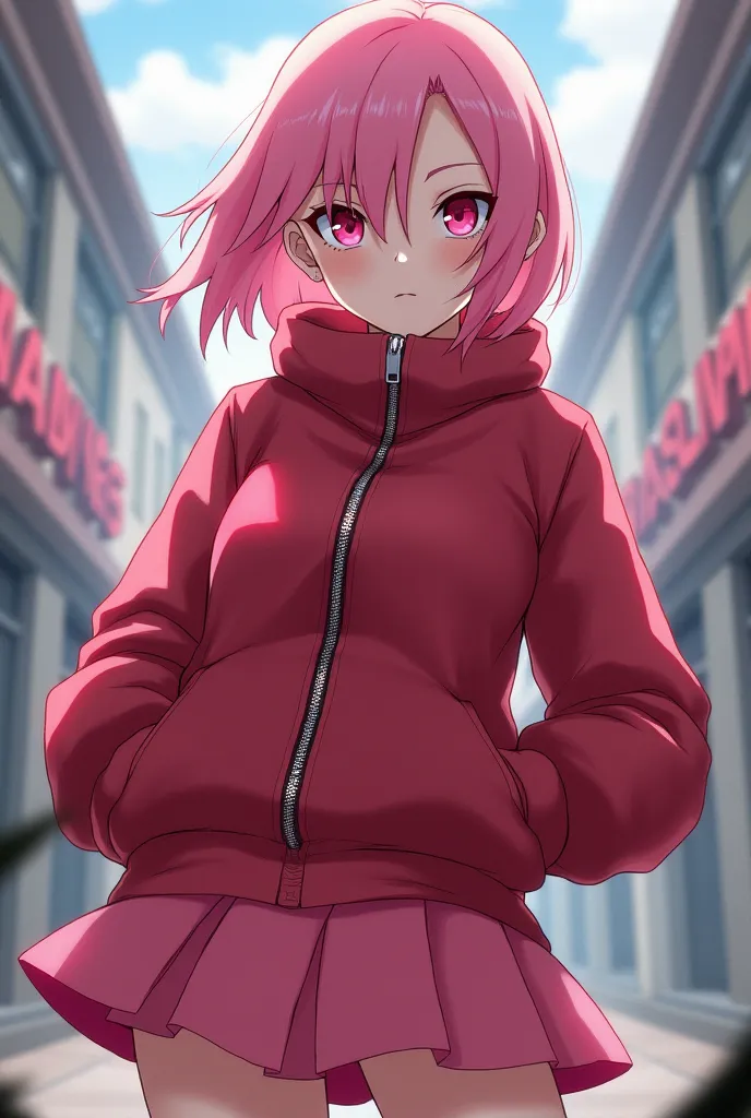 By Naruto Sakura Haruno is cool with pink hair, red jacket with zipper and pink skirt in the anime Infinity Naruto style 