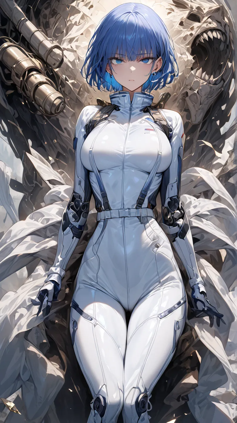 ( masterpiece, highest quality, highest resolution, unique_image,  detailed details ): (alone, Lonely girl, Japanese Face Hole, Blue hair girl,  short hair, Overall body shape, Full breasts, sparkling blue eyes, metallic white and blue flight suit ,  black...