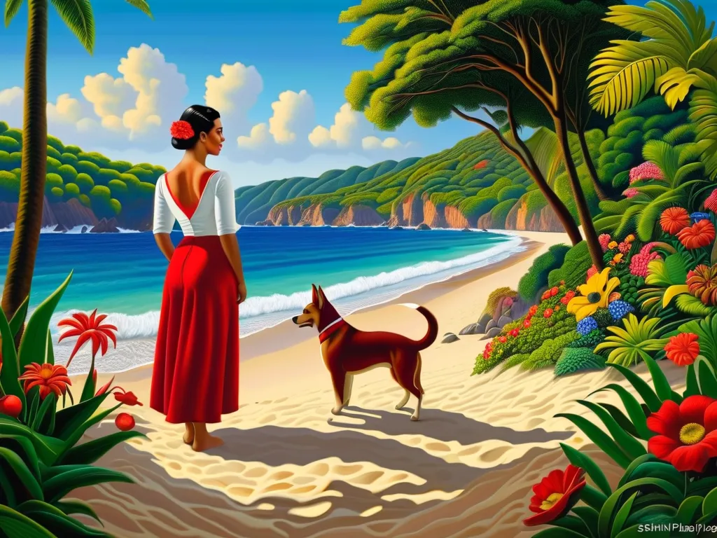 Sahilde plaj, ay ışığı ve gök gürültülü fırtına birleşiyor, enchanting scene, beach , yemyeşil plaj, ultrahigh definition,  3D derinlik , Henri Rousseau'dan esinlenerek, Frida Kahlo,  henry matisse 