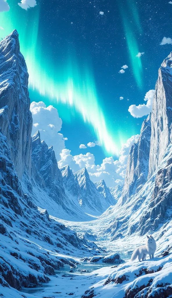 "A vast icy tundra with towering blue glaciers under the aurora borealis. The Northern Lights shimmer in the sky, casting a surreal glow over the frozen landscape. A lone white wolf stands atop a snowy hill, gazing into the distance. Ultra-detailed, photor...