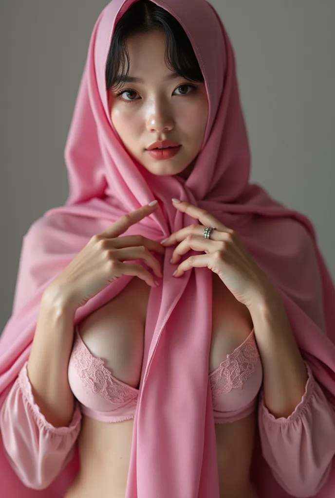 1 korean women, wearing pink hijab, big breasts, lingerie, long hijab, handjob
