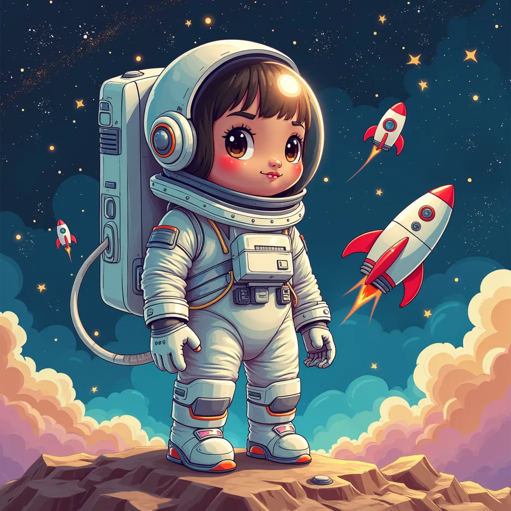 create Space Explorer – A phrase like "Future Astronaut" is written in a futuristic, rounded font with little cartoon rockets, stars, and astronauts floating around the letters.