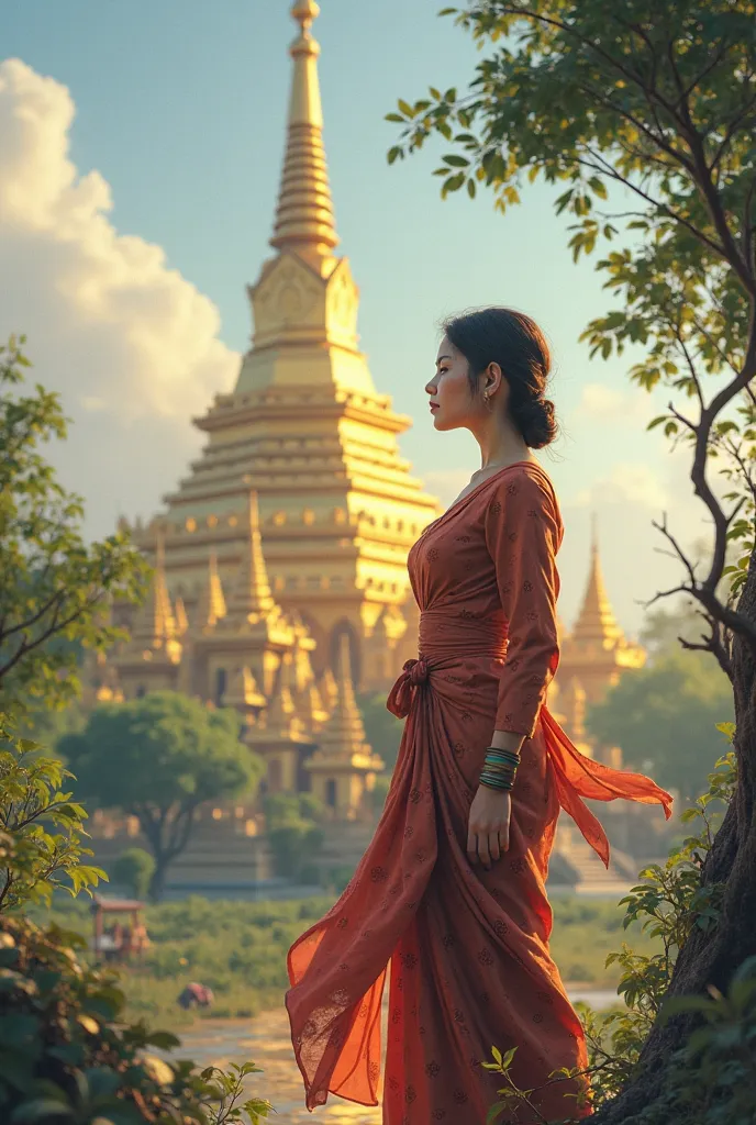 Burmese lady with longyi near pagoda