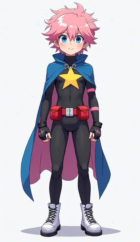 a boy (Appearance: Curly and messy pastel pink hair, blue eyes, pale skin, athletic body build,  ) (Clothing: Black combat suit, pink stripes, fingerless gloves, blue long-necked cape, a large yellow star on the torso,  red belt with pockets , white combat...