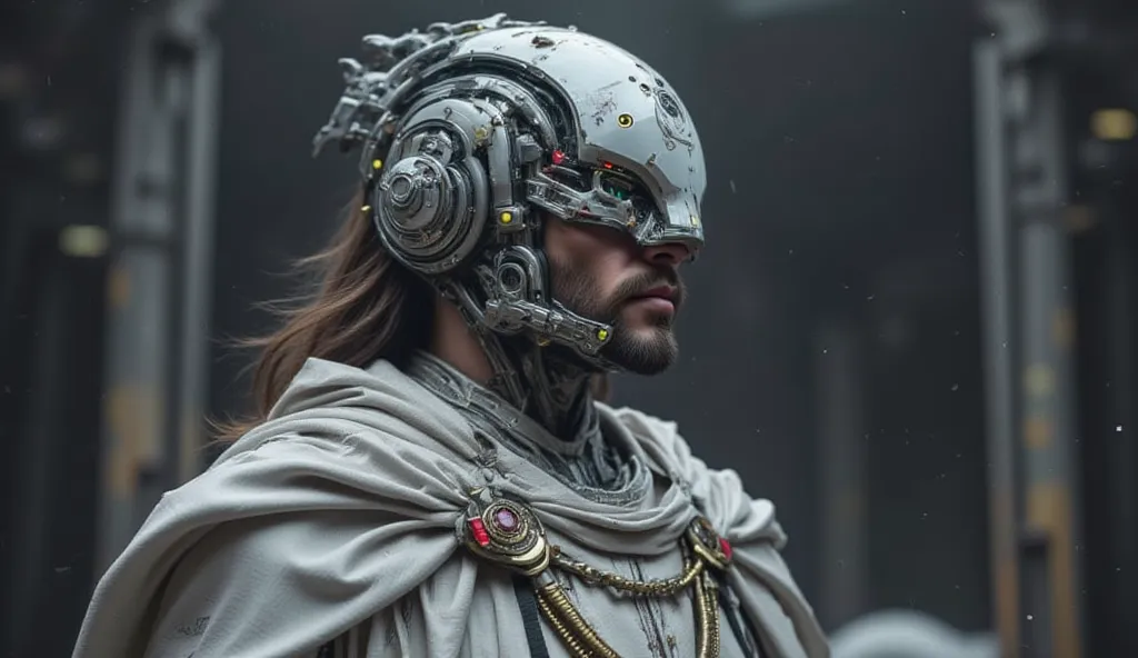 Ulises 31,  A young and strong man , with long milky hair, abundant and brown,  with mustache and beard , very handsome and similar to Chris Hemsworth and with blue eyes, wearing a futuristic silver space warrior costume, technological,  with a short white...