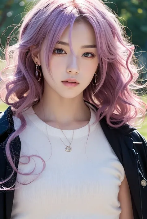 Pretty little man with white skin, long hair, purple hair,  Pink Hair, curly hair , 