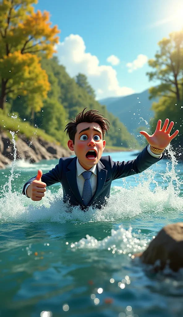 The rich man drowning in the river looking desperate, Disney pixar style