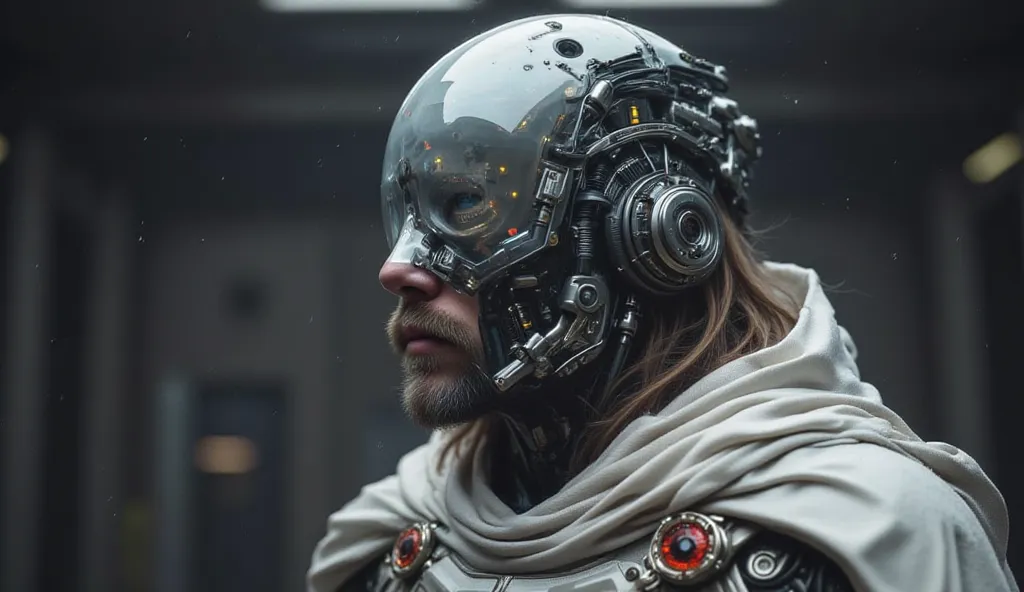 Ulises 31,  A young and strong man , with long milky hair, abundant and brown,  with mustache and beard , very handsome and similar to Chris Hemsworth and with blue eyes, wearing a futuristic silver space warrior costume, technological,  with a short white...