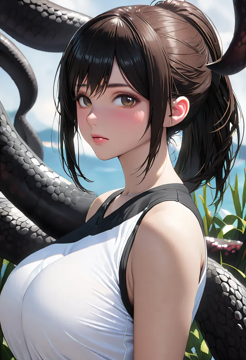 top quality, photorealistic, 8k, high image quality during sick leave, 1 girl, woman, (skindent the tentacles on the nose and ears), (portrait on bamboo shoots: 0.6), nice, (white black: 1.82)), ((BIG ROUND BREASTS, sleeveless white t-shirt: 1.75)), look s...