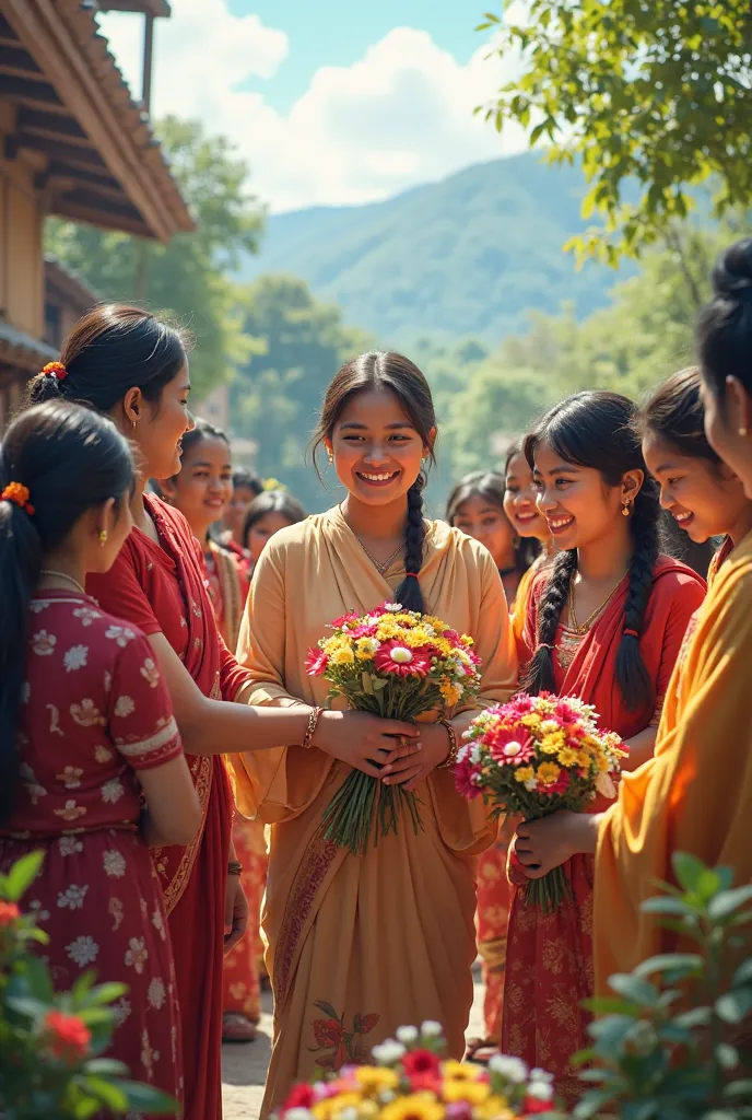 Nepali students with their teachers, appreciating, being grateful, giving flowers as thanks giving to their teachers