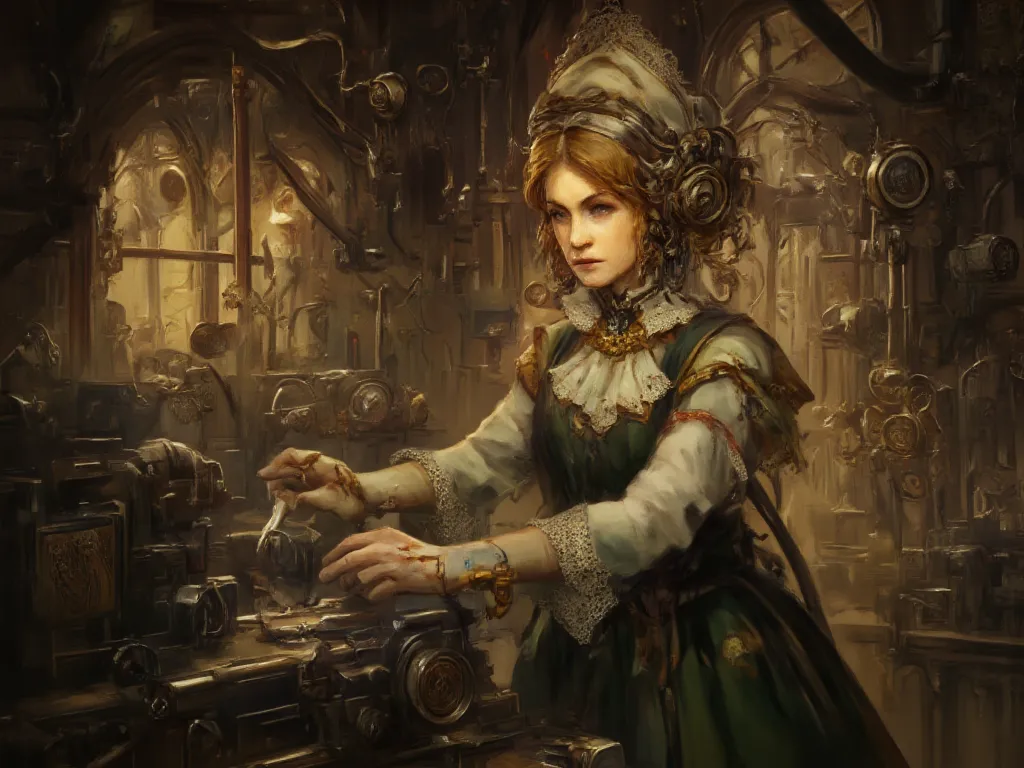  steampunk , girl with golden hair, wearing a kerchief works on a lathe in the workshop,  mechanisms, 